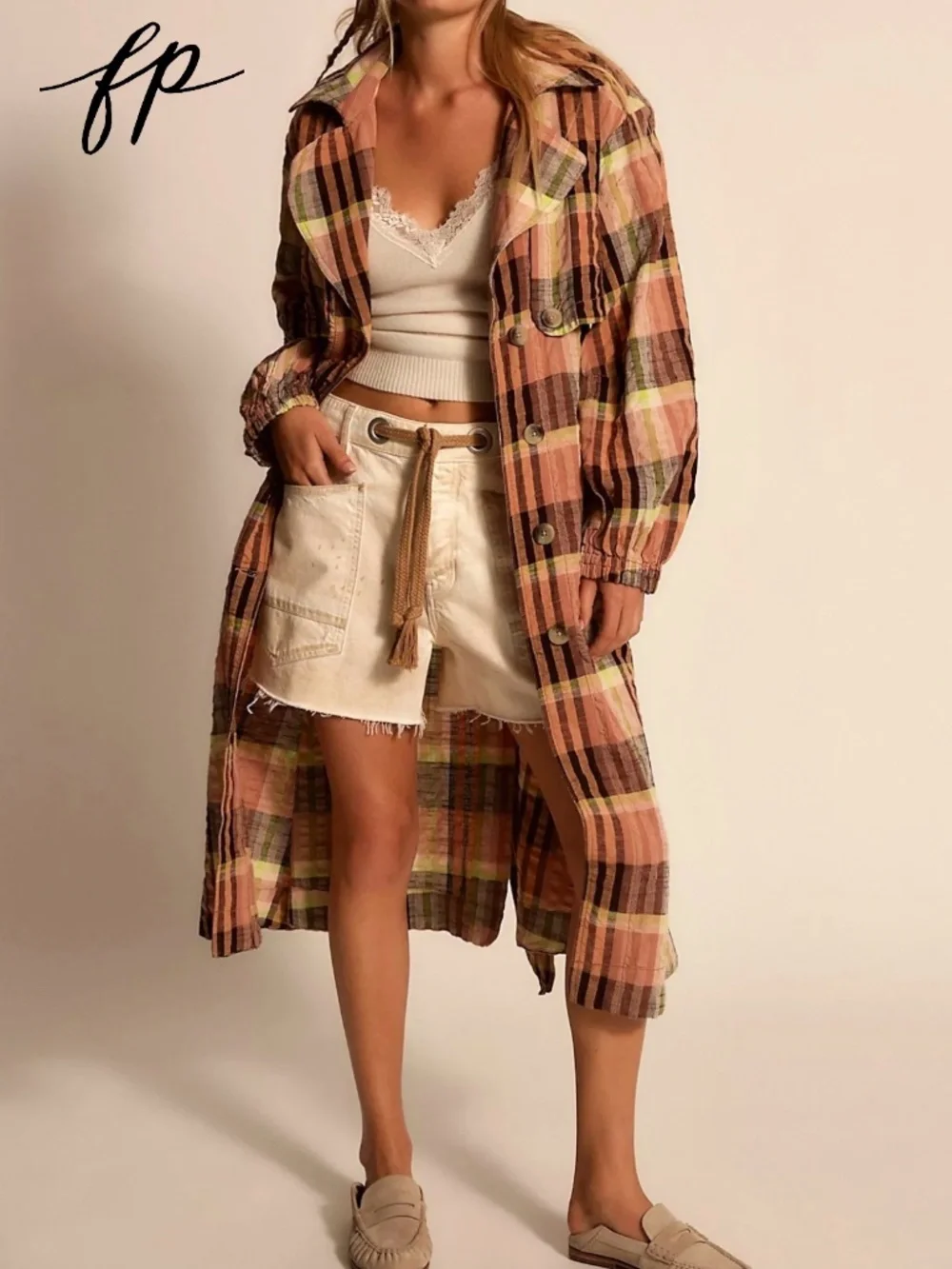 FREE PEOPLE 100% Cotton Lightweight Oversized Colorful Plaid Bliss Maxi Trench